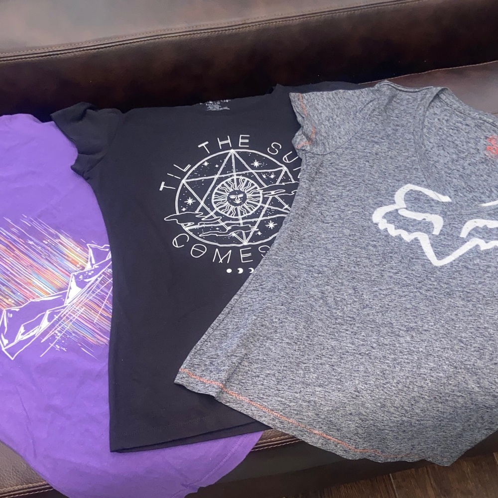 SALE! Bundle of Ladies Graphic T-Shirts (3); Black (L), Purple (M), Gray (L).